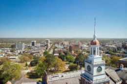 A view of downtown Macon, starting with Mercer Law School's clock tower.