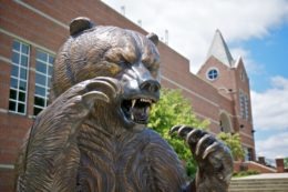 The Mercer bear statue in front of the University Center in Macon.