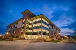 Godsey Science Center lit at night