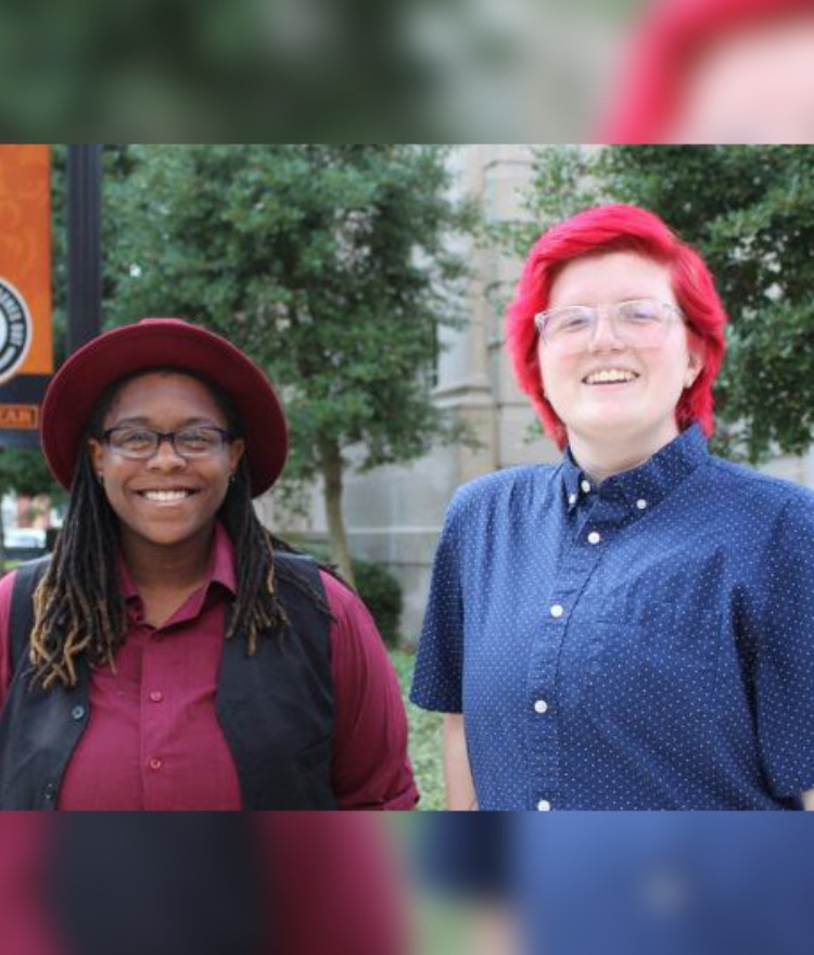 Cefari Langford and McPherson Newell stand on Mercer's campus