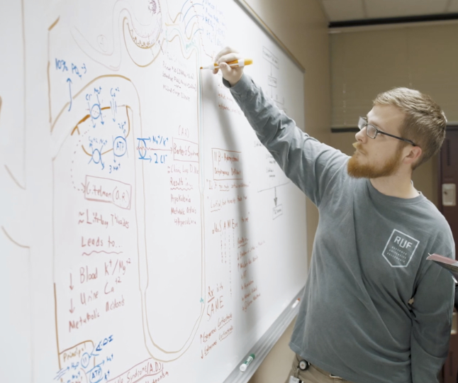 a male college student writes on a white board