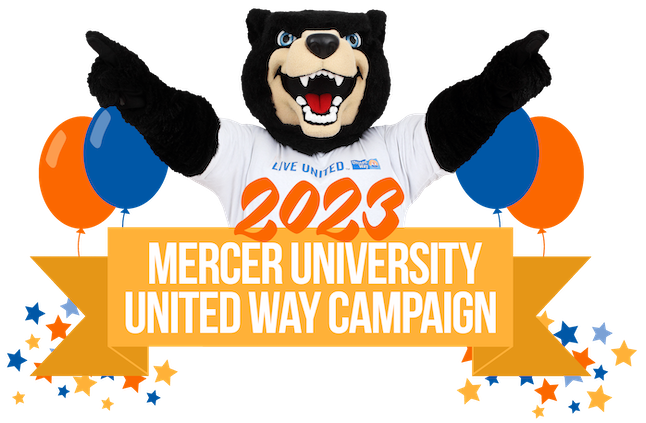 2023 Mercer University United Way Campaign banner has Toby surrounded by balloons