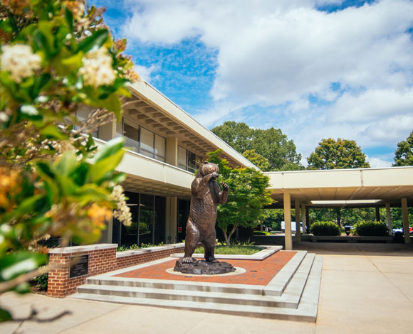 Bronze bear statue on Atlanta campus