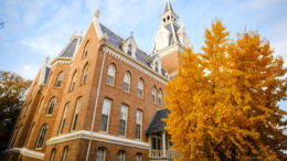 Mercer Administration Building in the fall