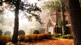 Mercer's Macon campus on a foggy morning