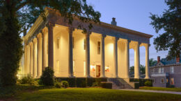Exterior of lit building at night
