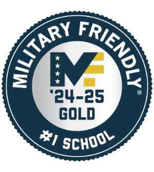 circle badge with the words Military Friendly, '24-25, Gold, #1 school