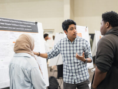 a man points to a poster in front of two people