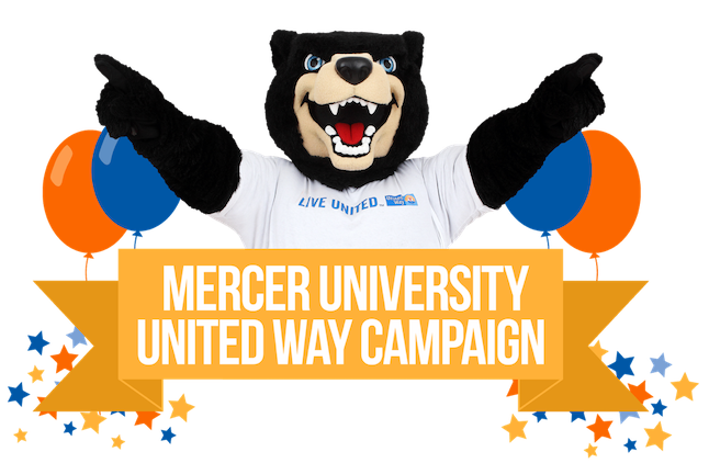 Mercer University United Way Campaign show Toby in a United Way T-shirt surrounded by balloons.